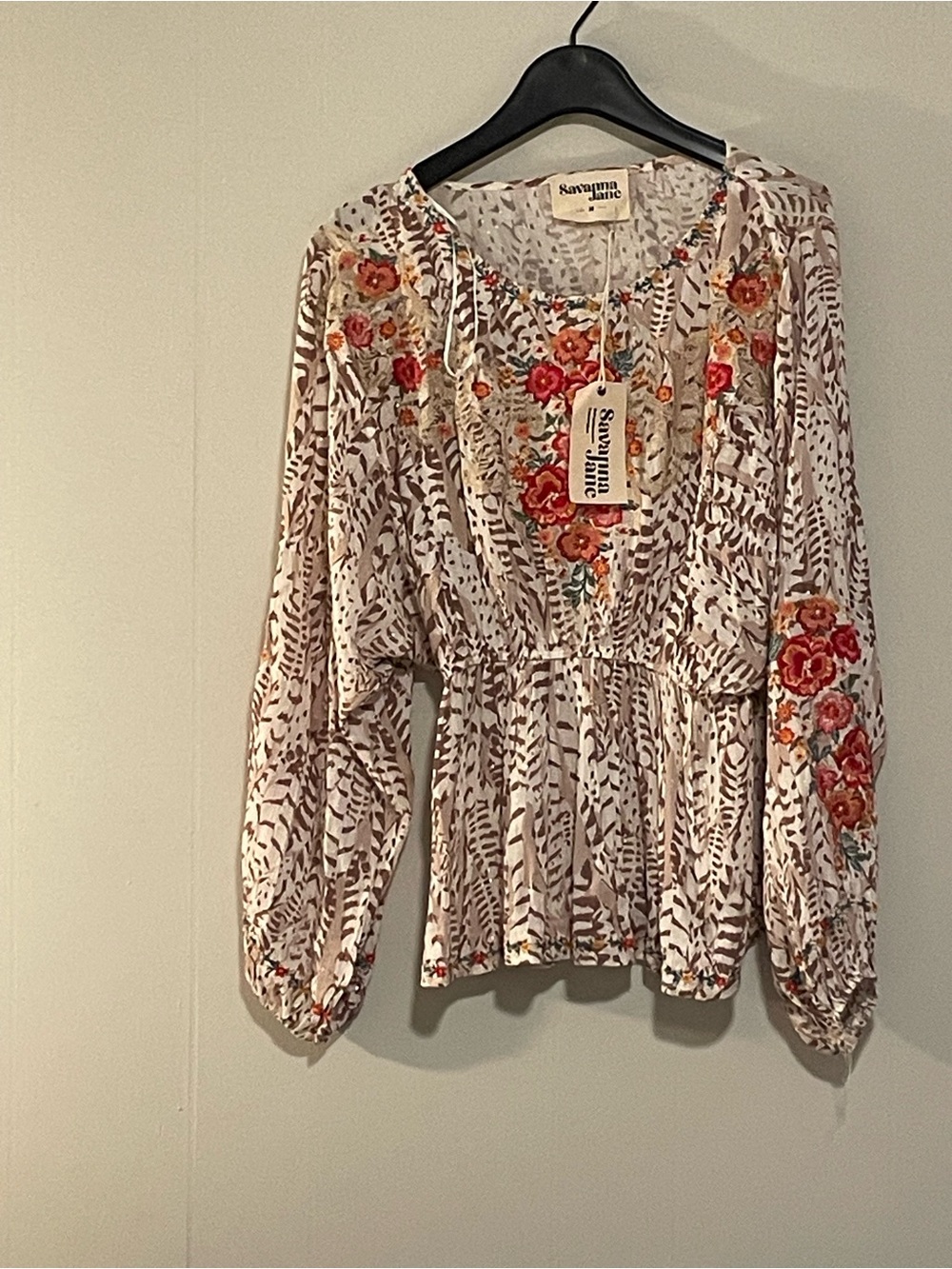 Savanna Jane Cream Floral Embroidered Peasant Top. Item #11574